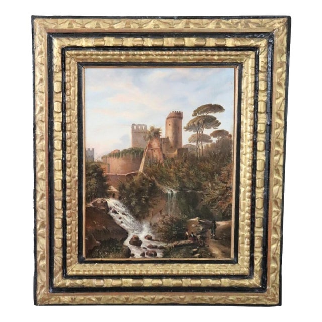 M.G., Landscape with Castle, 18th Century, Oil Painting on Canvas, Framed For Sale