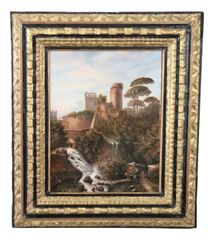 M.G., Landscape with Castle, 18th Century, Oil Painting on Canvas, Framed