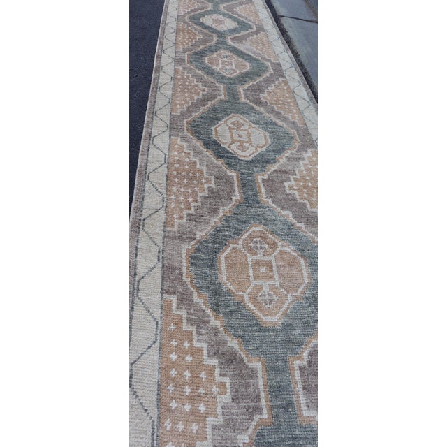 Long Turkish Oushak Runner With Soft Green Field and Beige Medallions For Sale - Image 4 of 16