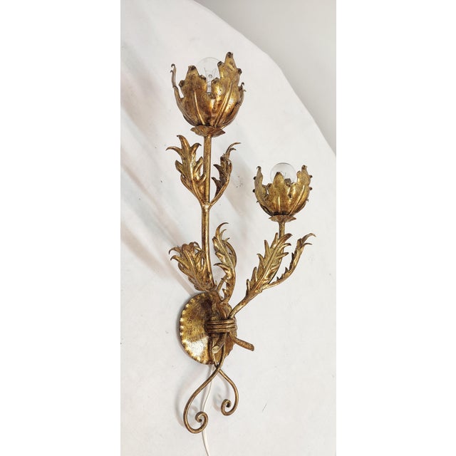 Wrought Iron Gold Leaf Wall Light. France, 1970s For Sale - Image 13 of 18