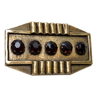 Art Deco Revival Geometric Bronze Brooch with Ruby-Red Crystals from Erte, 1980s For Sale