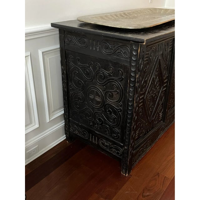 Black 19th Century Antique Indonesian Ebonized Cabinet With Carved Diamond Motif and Scrolls For Sale - Image 8 of 12