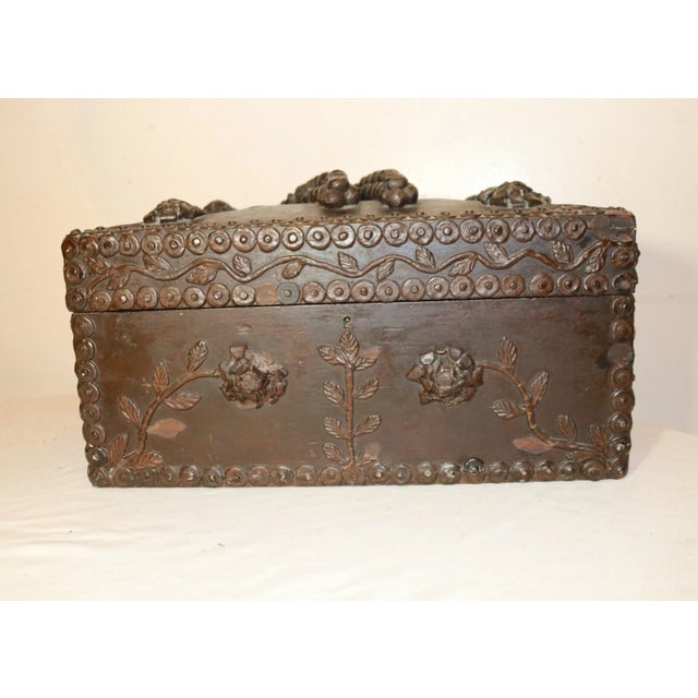 19th Century Rare Quality Antique 1800s Victorian Handmade Floral Wood Box Sculpture Folk Art For Sale - Image 5 of 12