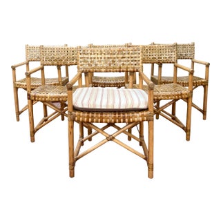 1980s McGuire Style Organic Laced Rawhide Rattan Director Style Armchairs-Set of Six For Sale