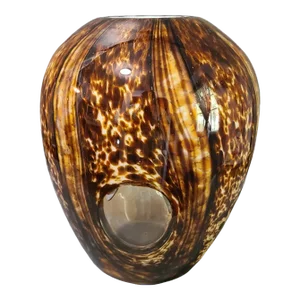 Vintage Art Glass Hand Blown Tortoise Amber Brown Windowed Vase