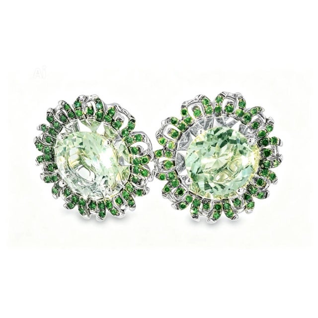 Mid 20th Century 14k White Gold Green Amethyst Diamond Sunflower Earrings, Pair For Sale - Image 4 of 4