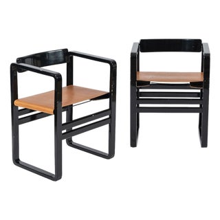 Mid Century Modern Black Lacquer and Brown Leather Arm Chairs 1970s For Sale
