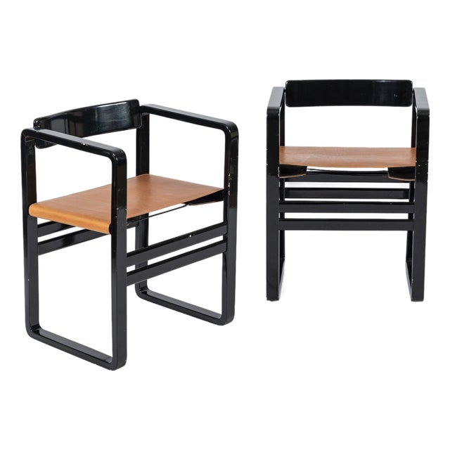 Mid Century Modern Black Lacquer and Brown Leather Arm Chairs 1970s For Sale