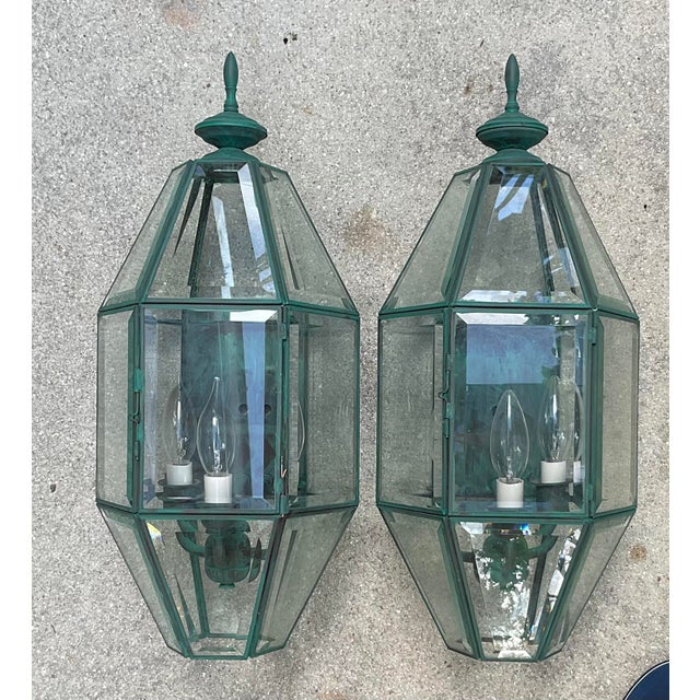 Pair of Vintage Solid Brass Wall Lanterns – Large Beveled Glass Sconces For Sale - Image 16 of 17