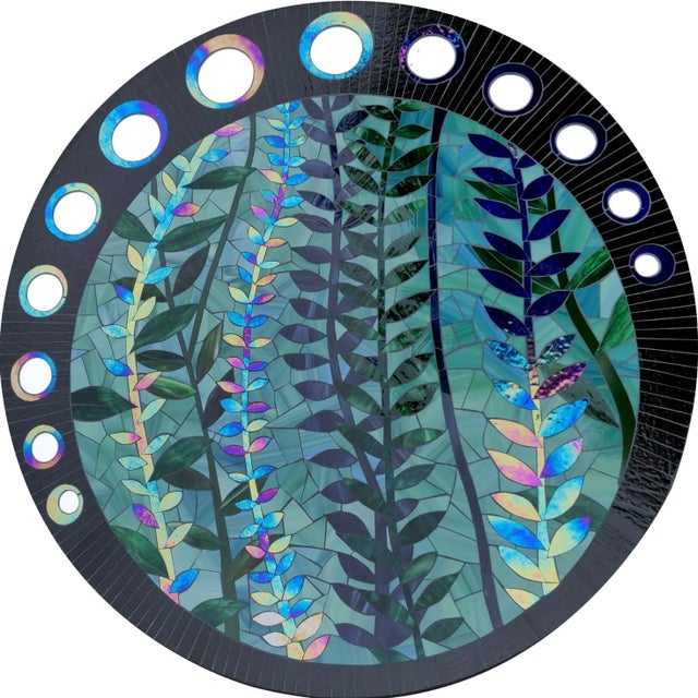 Rain Forest wall sculpture by Myriam Hubert. Dimensions: W 96 x H 96 cm. Materials: 'Glass marquetry' with mirror inlays....