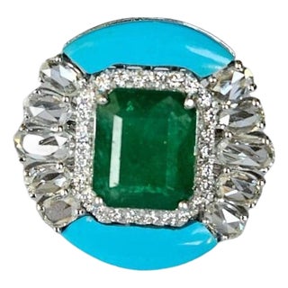 Set in 18k Gold, Zambian Emerald, Turquoise & Rose Cut Diamonds Cocktail Ring, Size 6.5 For Sale