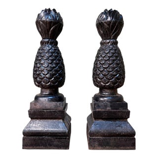 Early 20th Century Pair of 34" Large Black Cast Iron Pineapple Architectural Finials Outdoor Statues For Sale