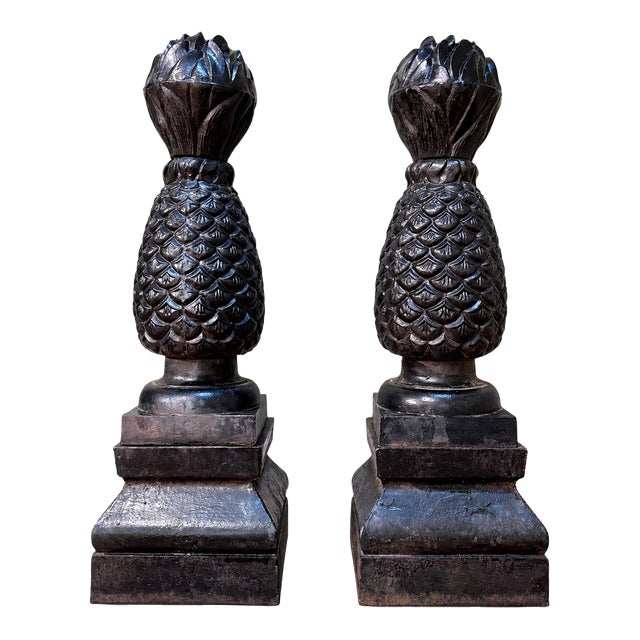 Early 20th Century Pair of 34" Large Black Cast Iron Pineapple Architectural Finials Outdoor Statues For Sale