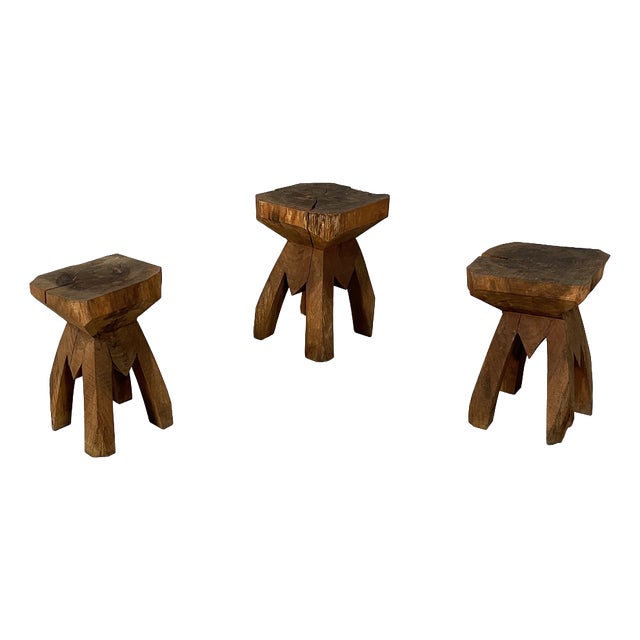 Italian Modern Square Wooden Stools, 1970s, Set of 3 For Sale
