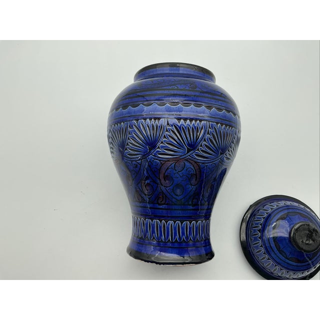 Vintage Moroccan Safi Assif Poterie Blue Lidded Jar 12” Handcrafted Pottery For Sale - Image 6 of 6