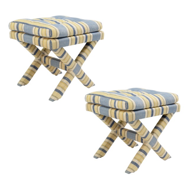 Pair of Striped Billy Baldwin Style Cross Leg Ottomans For Sale