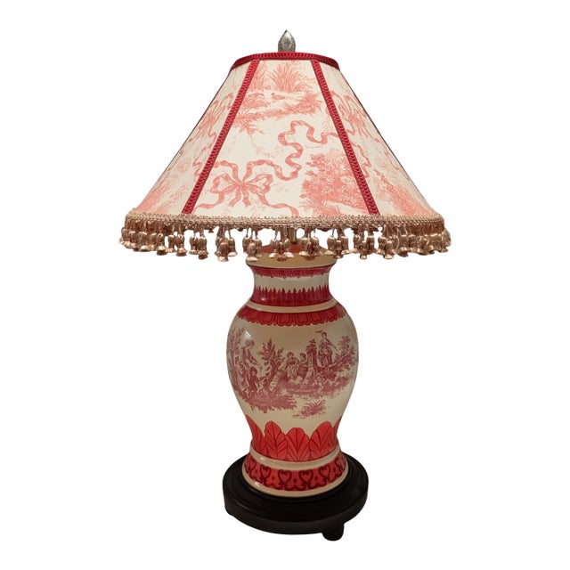 Vintage Red Toile Decorated Table Lamp and Shade For Sale