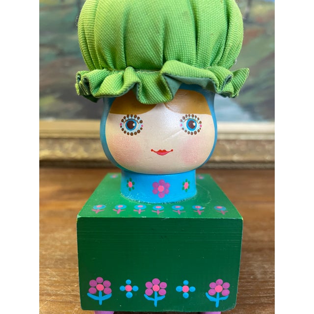 Vintage Hand-Painted Folk Art Doll Figurine on Wooden Block Base With Fabric Bonnet, Signed Mary Maki Rae For Sale - Image 10 of 10