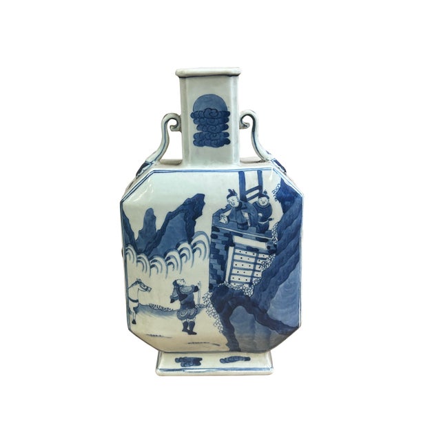 Ceramic Chinese Blue White Porcelain Hexagonal Figural Graphic Art Vase For Sale - Image 7 of 15