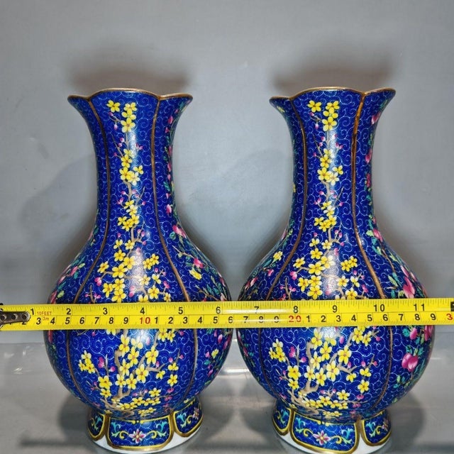 Blue Pair of Chinese Deep Blue Famille Rose Plum Blossom Floral Vases, Chinoiserie Decor Vessels For Sale - Image 8 of 9