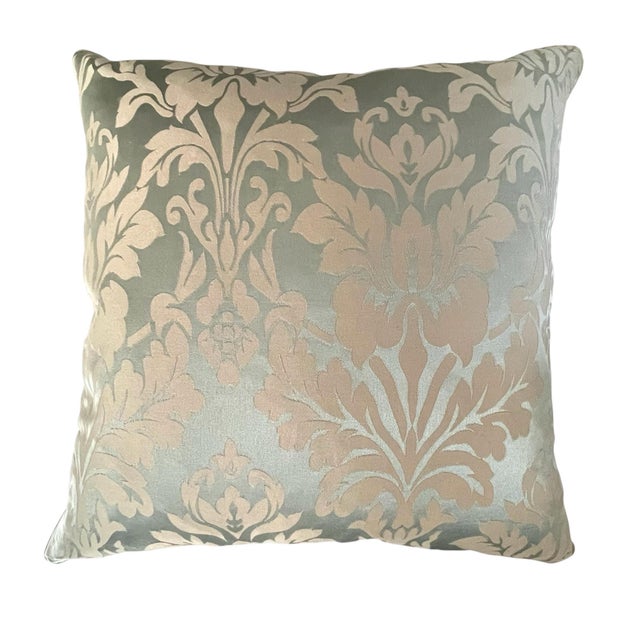 Early 21st Century Restoration Hardware Damask Pillows 2 Silk Cotton 18x18” Damask Sage Green For Sale - Image 5 of 8