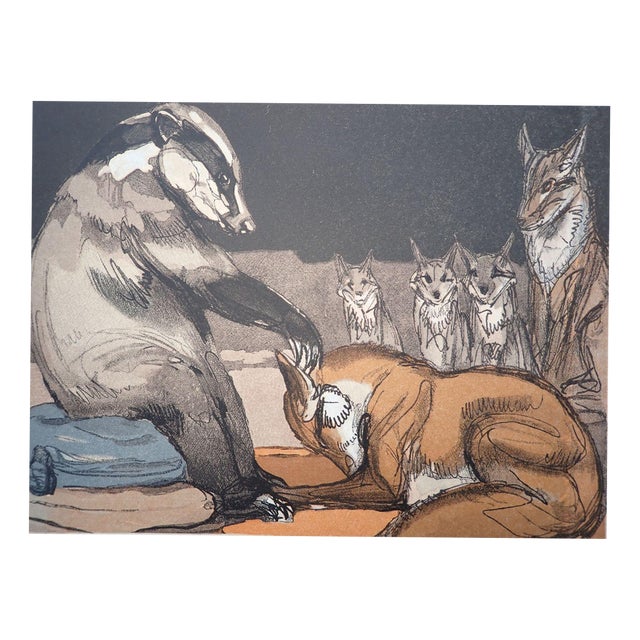 Paul JOUVE, The badger and the Fox, Wood Engraving For Sale