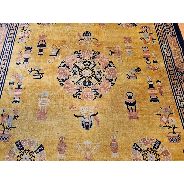 Antique Art Deco Chinese Rug, Hand-Knotted Wool, Pastel Yellow & Blue, 10x15 For Sale - Image 12 of 18