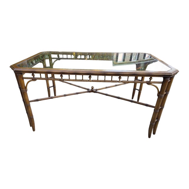 Petite Thomasville Vintage Faux Bamboo Glass Top Dining Table Hollywood Regency For Sale