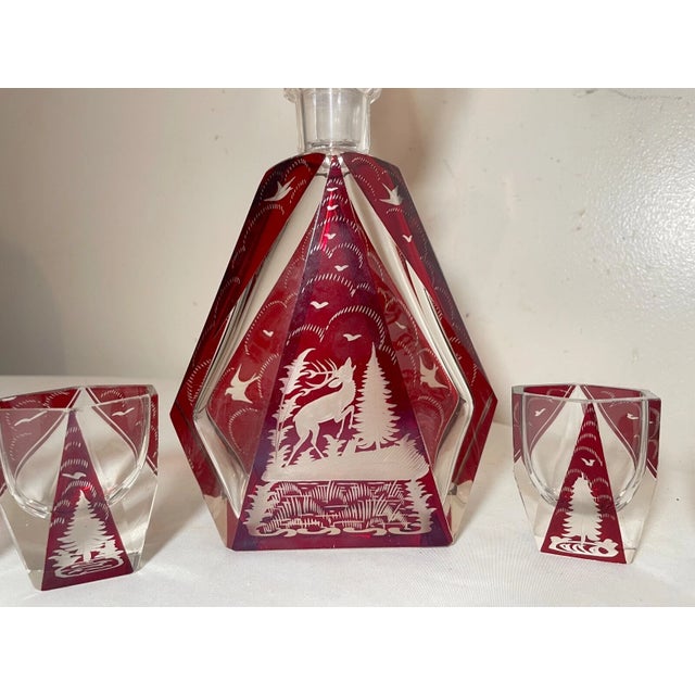Glass Antique Cut to Clear Crystal Moser Czech Bohemian Red Deco Glass Decanter Set For Sale - Image 7 of 12