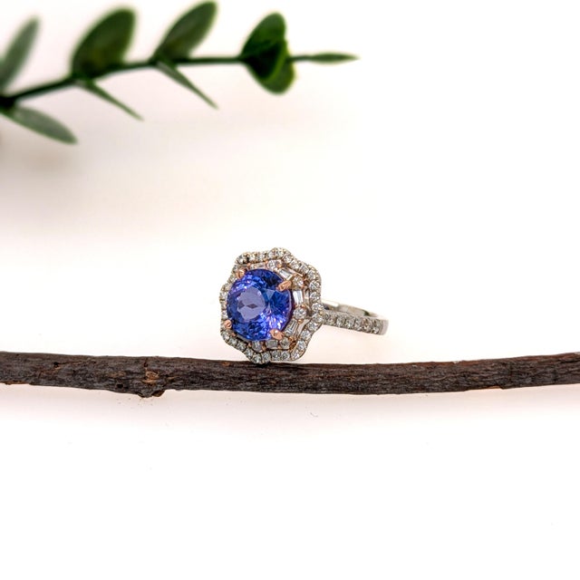 2.4cts Tanzanite Ring With Double Diamond Halo: Solid 14k Gold, Round 7mm, Size 6.75 For Sale - Image 4 of 6