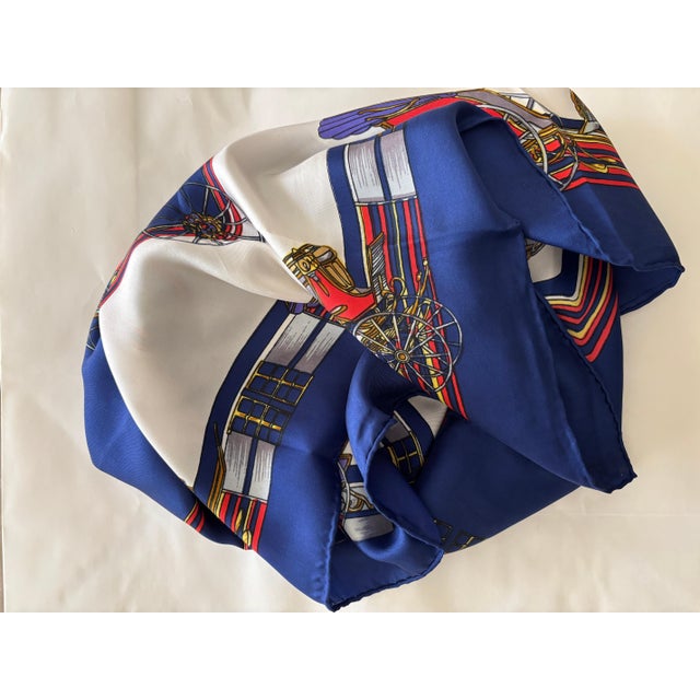 White Vintage Royal Blue Silk Scarf with British Royal Horse Carriages Motif For Sale - Image 8 of 12