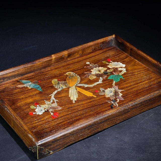 Vintage Huanghuali Wood Tray With Mother-of-Pearl Bird & Flower Inlay For Sale - Image 9 of 9