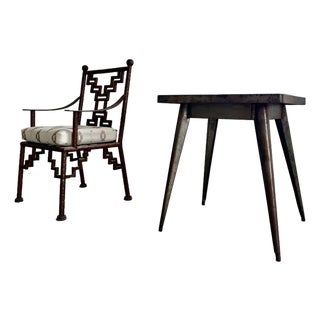 Industrial Steel Square Bistro Table / Desk + Ziggurat Lounge Chair, Set of 2 For Sale