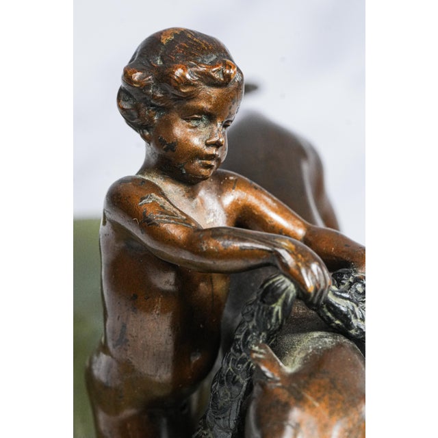 Metal Stunning Solid Bronze Antique Sculpture Statue Cherub and Panther Onyx Base Catchall For Sale - Image 7 of 13