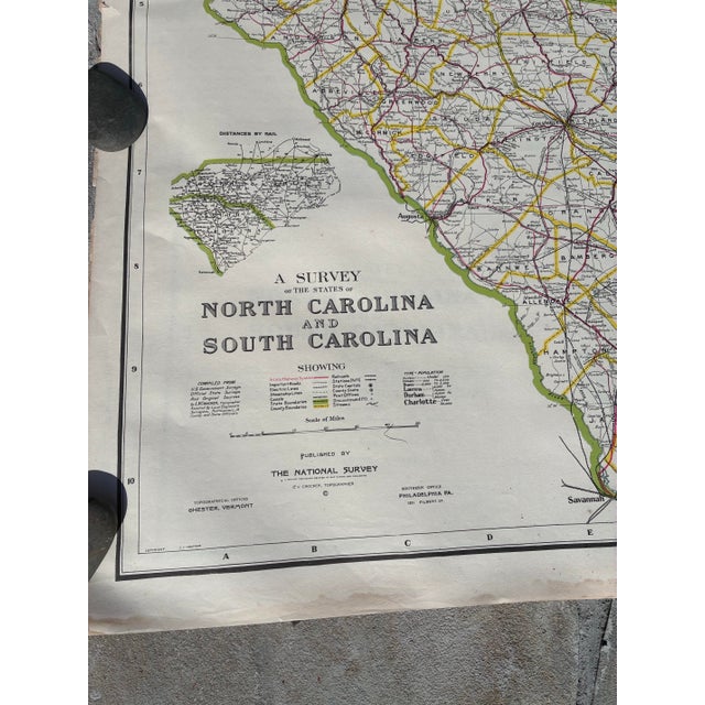 American Antique 1914 Map of North and South Carolina by the National Survey Co Topographical Offices I. V. Crocker For Sale - Image 3 of 12