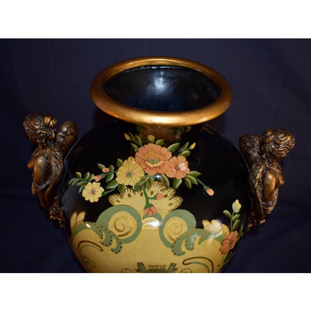 Vintage Neoclassical Ceramic Amphora Vase Lyre Floral Gilt Figural Urn 15” For Sale - Image 13 of 14