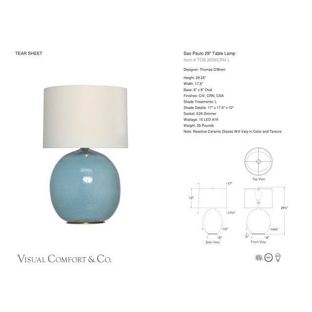 Thomas O'Brien by Visual Comfort Signature Sao Paulo 29" Table Lamp in Crackled Robin with Linen Shade Designer: Thomas...