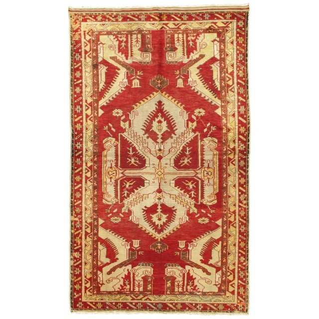 Antique Oushak Rug, Turkish Handmade Oriental Rug, Red, Beige, Bold Design 5x8 For Sale - Image 10 of 10