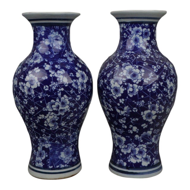 Pair of Vintage Chinese Blue & White "Ice and Plum" Fish Tail Vases For Sale