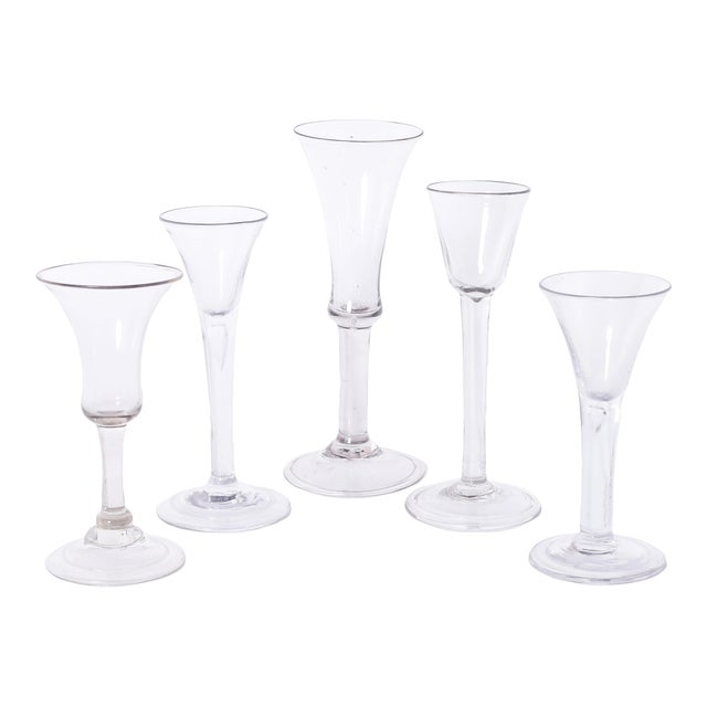 Set of Five Antique English Folded Foot Wine or Liquor Stem Glasses For Sale