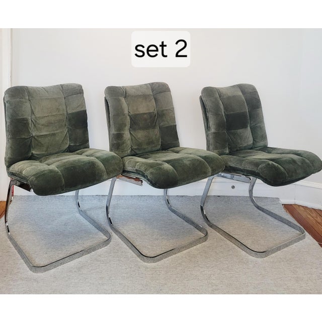 1970s Suede and Chrome Cantilever Dining Chairs in Moss Green Attributed to Roche Bobois-Set of 6 For Sale - Image 12 of 17