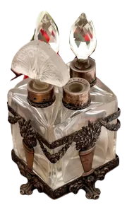 Glass and Silver Perfume Bottles with Raised Floral Motifs, Bows and Garlands, Set of 4