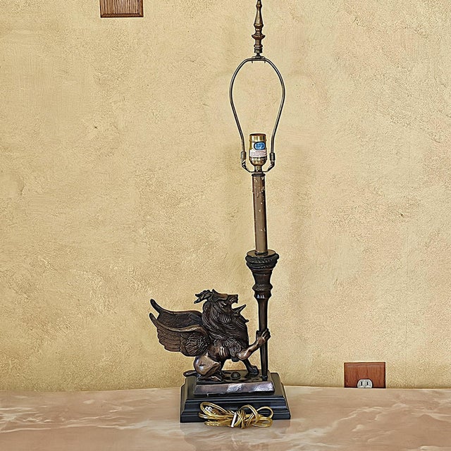Vintage Neoclassical Bronze Winged Lion Griffin Table Lamp With Linen Shade For Sale - Image 15 of 18