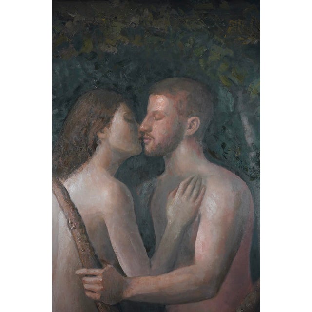 The Kiss by Nic Thurman | Oil on Oil Ground Prepared Linen of a couple embracing in a forest. For Sale - Image 4 of 4
