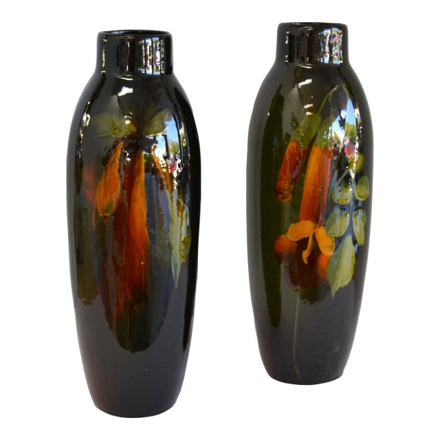 Pair of 1920s Tall Hand Painted Brown Glazed Ceramic Flower Vases For Sale