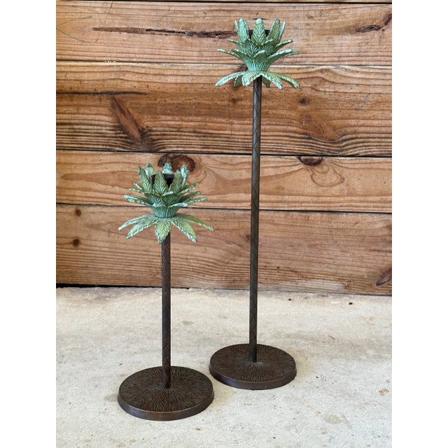 Pair of Tropical Palm Tree Metal Candle Holders With Verdigris Finish For Sale In Naples, FL - Image 6 of 8