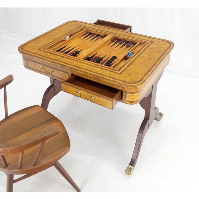 Flit Top Chess Board Backgammon Tooled Leather Top Two Drawers Game Table For Sale - Image 6 of 12