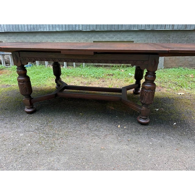 Early 20th Century Antique Jacobean Style Carved Oak Draw Leaf Dining Table For Sale - Image 14 of 16