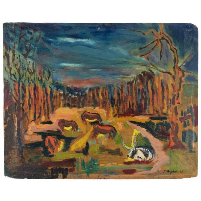 1960s Sirio Pellegrini, Grazing Animals in Manziana, Oil Painting, 1969 For Sale - Image 5 of 5