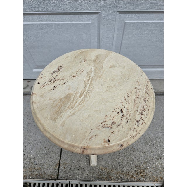 Paint Round Faux Marble Top Side Table Plant Stand -Off White and Cream For Sale - Image 7 of 11